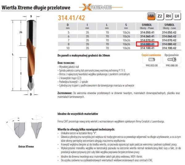 CMT WIERTŁO P HW D=8 I=35 L=70 S=10x26RH DŁUGIE, PRZELOTOWE, XTREME
