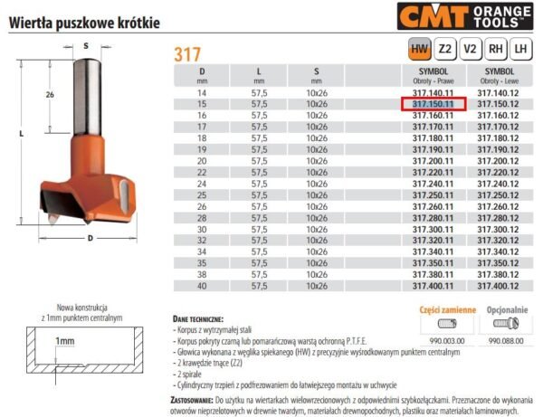 CMT WIERTŁO PUSZKOWE KRÓTKIE HW D=15 L=57,5 S=10x26 RH