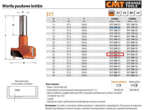 CMT WIERTŁO PUSZKOWE KRÓTKIE HW D=26 L=57,5 S=10x26 RH