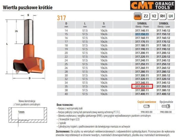 CMT WIERTŁO PUSZKOWE KRÓTKIE HW D=35 L=57,5 S=10x26 RH