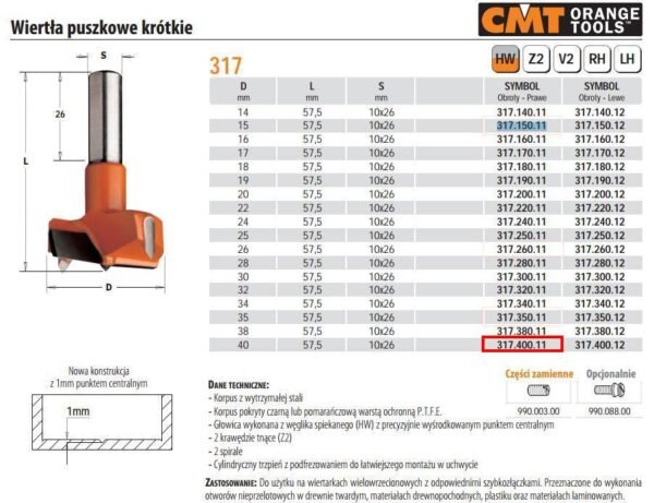 CMT WIERTŁO PUSZKOWE KRÓTKIE HW D=40 L=57,5 S=10x26 RH