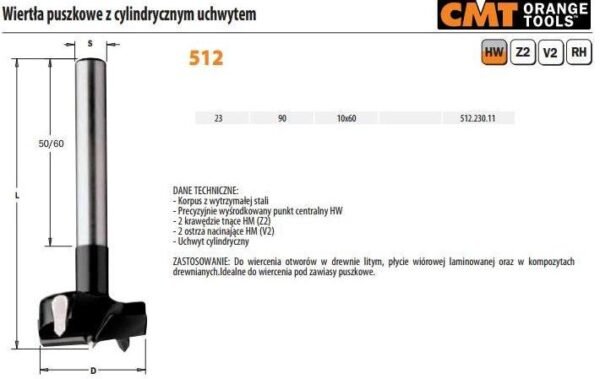 CMT WIERTŁO PUSZKOWE HW RH D=23 L=90 S=10x60